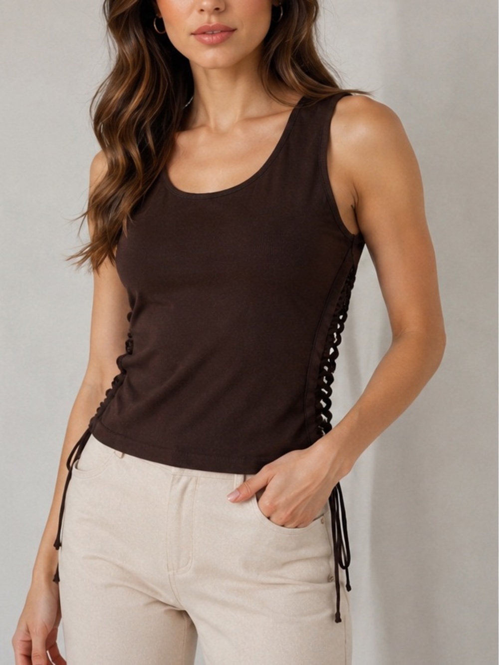 Bruno Manetti Brown Knit Tank w/ Lace Up Sides
